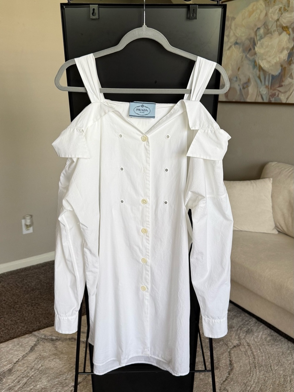 Prada White Cold-Shoulder Button-Front Dress with Waist Tie - Picture 2 of 12